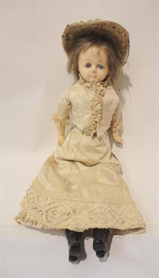 Lot 1012 - 19th Century Wax Over Composition Shoulder Head Doll, with blue intaglio eyes, original wig, on...