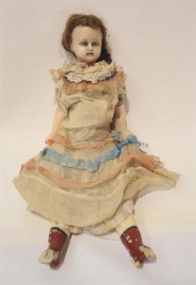 Lot 1013 - 19th Century Wax Doll Shoulder Head Doll, with blue intaglio eyes, open mouth, original plaited...