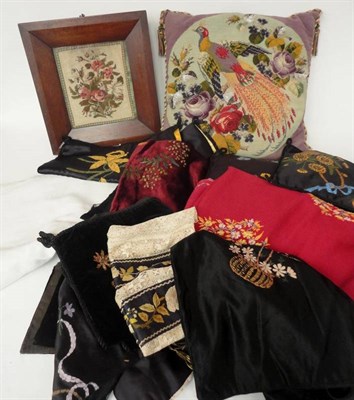 Lot 1024 - Assorted Textiles including a Wool Work Cushion Cover; Mahogany Framed Wool Work Picture of...