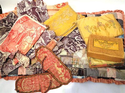 Lot 1025 - Patchwork Crib Quilt, Toile de Jouy fabric remnants and other items etc (one box)