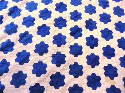 Lot 1037 - Cream and Blue Silk Patchwork Quilt, 235cm by 235cm