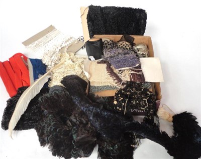 Lot 1056 - Assorted Costume Accessories including feathers, ribbons, beaded trims, braiding etc (one box)