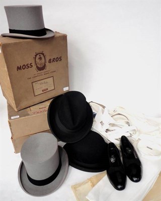 Lot 1057 - Two Christys' London Grey Felt Top Hats, in original card Moss Bros boxes, four black bowler...