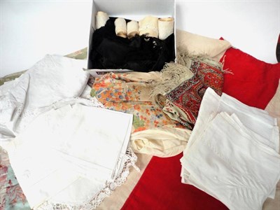 Lot 1059 - White Cotton Night Shirt, Table Cloths and Bed Linen, Printed Paisley Shawl, cream silk night...