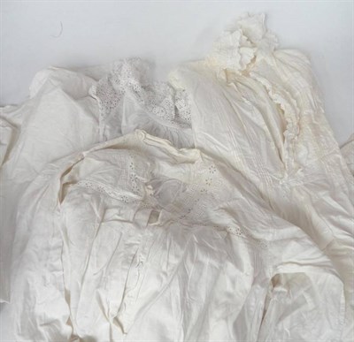Lot 1061 - Assorted 19th Century and Later White Cotton Night Dresses, Undergarments and an apron (one box)