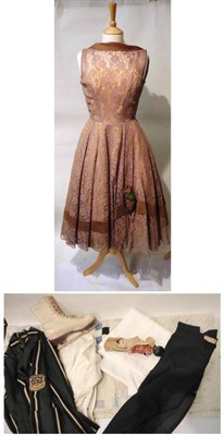 Lot 1078 - Circa 1950's Lace Mounted Sleeveless Dress, with flower head applique to the hem and hat;...