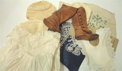Lot 1086 - Pair of Early 20th Century Doll's Brown Leather Long Boots, with buttons to the outside, pom...