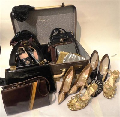 Lot 1087 - Assorted Circa 1940's and 1950's Handbags, Hats, Shoes and Accessories (suitcase and one box)