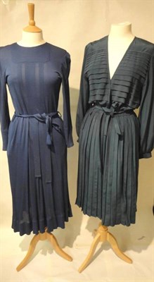 Lot 1110 - Jean Muir Blue Jersey Dress, with long sleeves, three pleats to the front of the skirt, zip and...