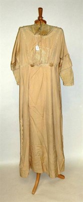 Lot 1159 - Edwardian Cream Silk Day Dress with three quarter length sleeves, black piping, woven cream...