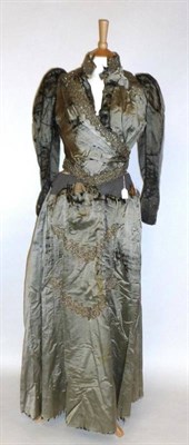 Lot 1182 - 19th Century Purple Cotton Floral Sprigged Day Dress with long sleeves and gathered waist;...