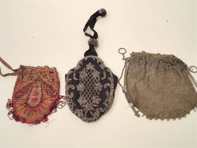 Lot 1195 - Plated Mesh Purse with drawstring top, 14cm by 12cm; Circa 1920's Coloured Metal Bead Purse,...