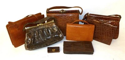 Lot 1204 - Various Circa 1940's Brown Crocodile and Leather Handbags, Clutch Bags, Blotter Mount, Wallets etc