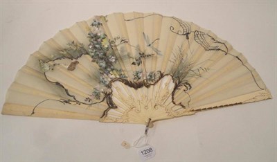 Lot 1208 - An Early 20th Century Bone Fan with a shaped gauze mount decorated with dragonflies and butterflies