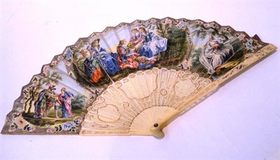 Lot 1215 - 19th Century Carved Bone Fan with hand coloured decorative paper mount, depicting figures in a...