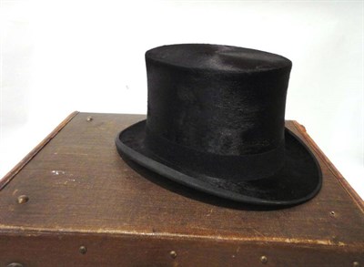 Lot 1217 - Kirksop of Glasgow Black Silk Top Hat, 8 3/8"; by 6 1/2";, in a red cotton lined fitted case...