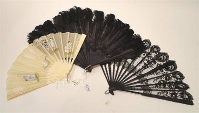 Lot 1219 - Late 19th Century Bone Fan, with a gauze and lace mount painted with 'lovers' in 18th century...