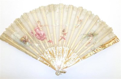 Lot 1222 - Late 19th Century Mother of Pearl Fan with painted decoration of cherubs and a maiden riding a...