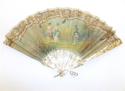 Lot 1223 - 19th Century Mother of Pearl Fan with hand painted silk mount, decorated with gilt metal and...