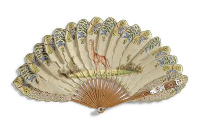 Lot 1226 - Sandalwood Fan With Silk Mount hand painted with a giraffe to the centre, with flowers and...