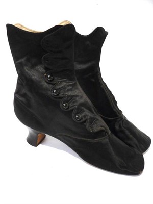 Lot 1228 - Pair of Victorian Black Silk Boots, with a cream canvas lining, shaped heel, scalloped edge and...