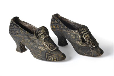 Lot 1230 - Pair of Mid-18th Century Black Silk and Gold Brocade Ladies Shoes, with cut steel buckles set...