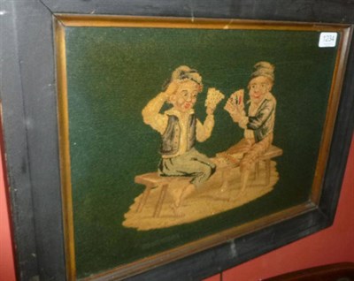 Lot 1234 - Framed Petit Point Depicting Two Boys Seated on a Bench Playing Cards, 55cm by 43cm