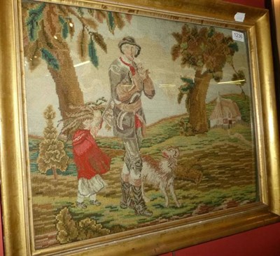 Lot 1236 - 19th Century Wool Work and Petit Point Picture of a sportsman and his dog beside a girl in a...