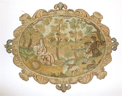 Lot 1237 - 18th Century Oval Needle Work Depicting a Seated Shepherd and Shepherdess being serenaded in a...