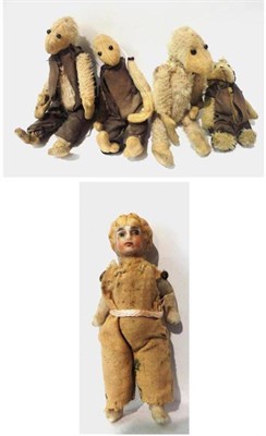 Lot 1000 - Nine Miniature Bisque Jointed Dolls, all with moulded hair, painted faces and cotton clothing,...
