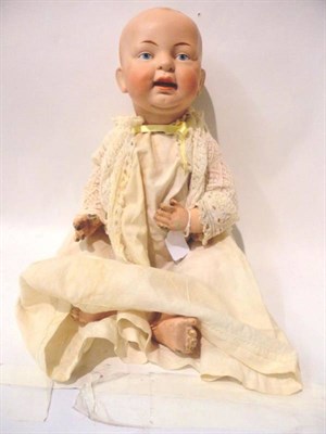 Lot 1004 - Possibly Gebruder Heubach Bisque Socket Head Baby Character Doll, un-marked, with moulded hair,...