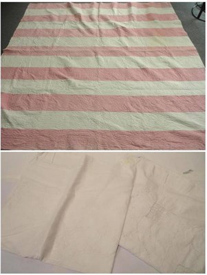 Lot 1033 - Pink and White Striped Quilt, 250cm by 230cm; Embroidered Linen Bed Cover, 240cm by 225cm;...