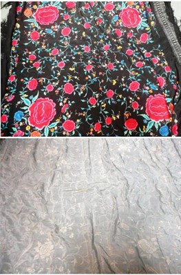 Lot 1041 - Chinese Black Silk Shawl embroidered with flowers in coloured silks; Cream Silk Shawl...