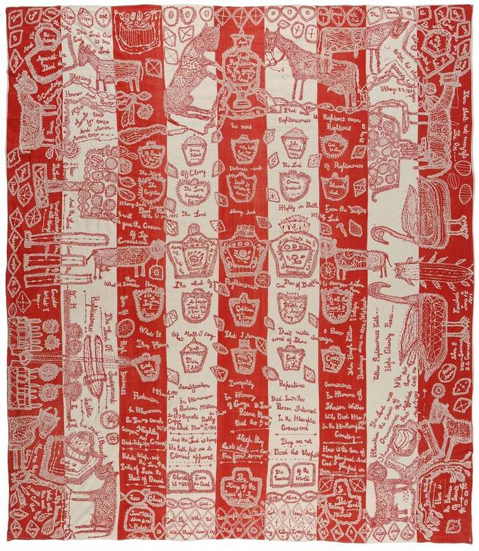 Lot 1044 - Late 19th Century Red and White Striped Bible Quilt, embroidered in red and white covering the...