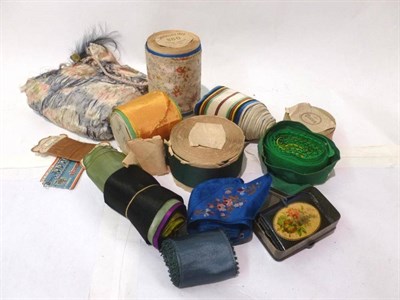 Lot 1048 - Assorted Silk and Velvet Ribbons, sewing accessories etc (one box)