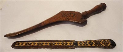 Lot 1052 - 19th Century Carved Knitting Sheath of gull wing design, initialled 'BD'. 25cm; Tunbridge Ware...