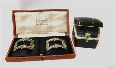 Lot 1059 - Pair of Paste Set Shoe Buckles in a case; a Lund of London Tortoiseshell Hinged Box enclosing...