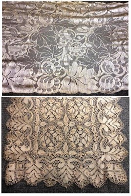 Lot 1065 - Cream Lace Shawl with floral decoration, 85cm by 270cm; Another Similar, 48cm by 150cm, Cream...