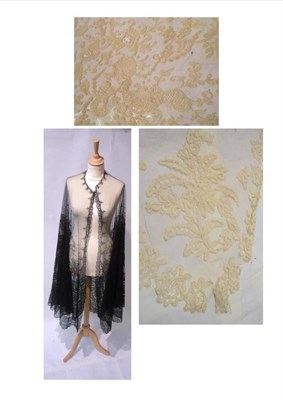 Lot 1067 - Cream Lace Rectangular Shawl with floral embroidery, 70cm by 265cm; Cream Net Shawl with floral...