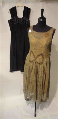 Lot 1106 - Circa 1930's and Later Evening Wear including a gold lace mounted dress with an appliqued bow;...