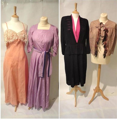 Lot 1107 - Assorted Circa 1930's and Later Costume including a brown satin dress with brown and cream...