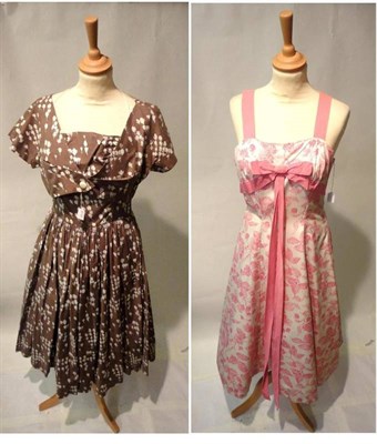 Lot 1126 - Horrockses Fashion White and Pink Floral Printed Cotton Dress with contrasting pink trim and...