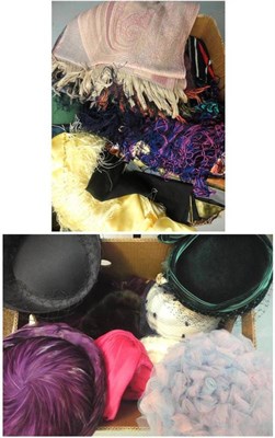 Lot 1135 - Assorted Leather Handbags, Feather and Other Hats, modern scarves, knitwear, etc (3 boxes)