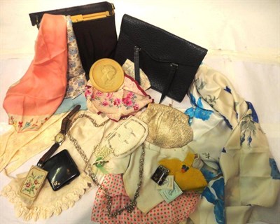 Lot 1143 - Assorted Costume Accessories including three Liberty printed silk scarves; yellow felt pin...