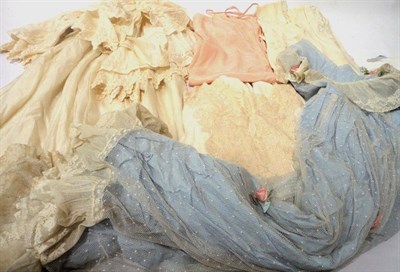 Lot 1160 - Silk Christening Gown and Cape, smocked dresses, cream lace brides maid dress with pale blue...