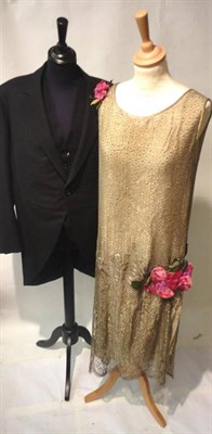 Lot 1178 - Circa 1920's Wedding Outfits comprising a silver lace effect shift dress, lined in cream, with...