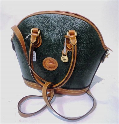 Lot 1182 - Dooney and Bourke Green and Tan Leather Mounted Handbag, with brass mounts, leather Dooney and...