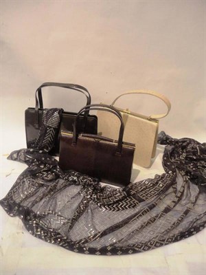 Lot 1187 - Black Assuit Shawl; Three Handbags including a tan lizard skin handbag, brown patent handbag...