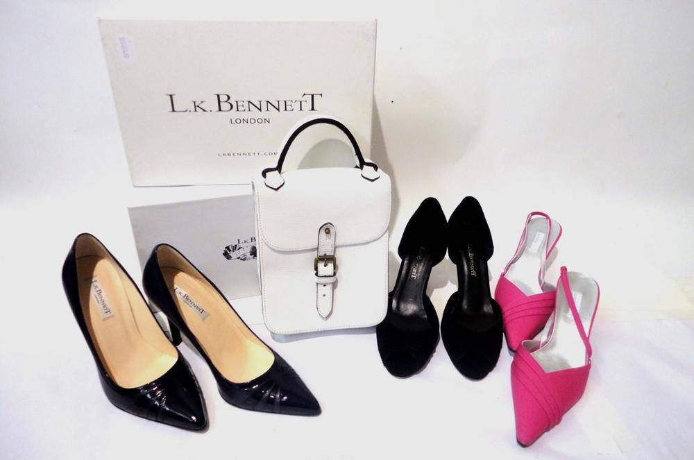 Lot 1196 - Pair of L K Bennett Purple Leather and Patent High Heel Shoes (size 37) with box; pair of black...