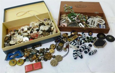 Lot 1051A - Assorted Buttons and Buckles including Art Deco buckles, enamel buttons, a floral necklace, costume